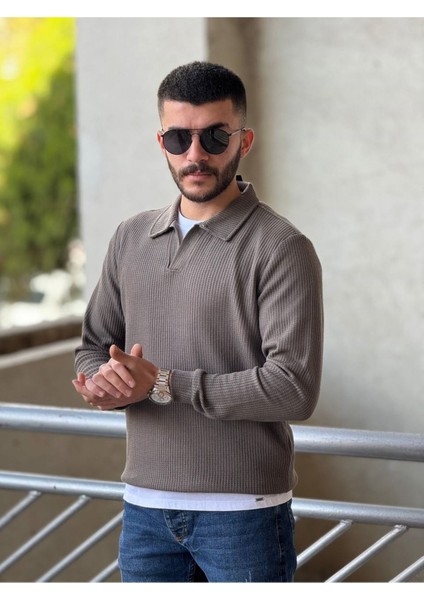 Slimfit Kesim Erkek Yakalı Düz Desen Örme Triko Kazak-Kahve modelleri