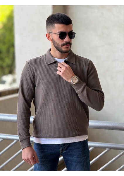 Slimfit Kesim Erkek Yakalı Düz Desen Örme Triko Kazak-Kahve fırsatları
