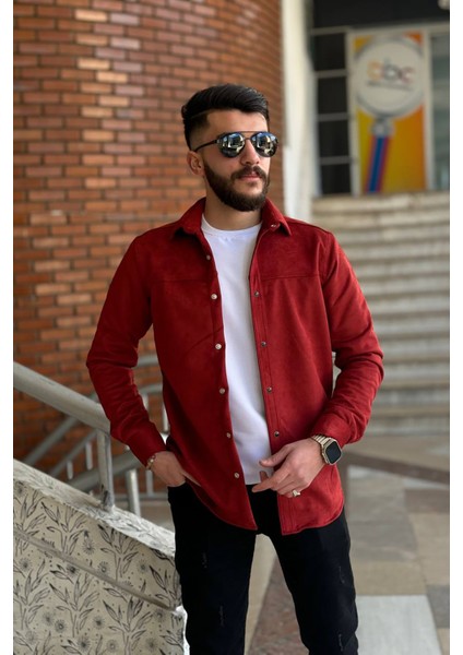 Slimfit Kesim Erkek Duz Desen Süet Gömlek-Bordo