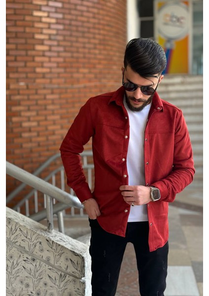 Slimfit Kesim Erkek Duz Desen Süet Gömlek-Bordo fiyatları