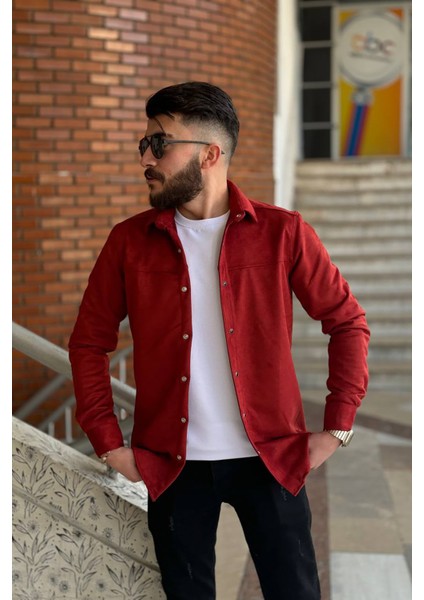 Slimfit Kesim Erkek Duz Desen Süet Gömlek-Bordo modelleri