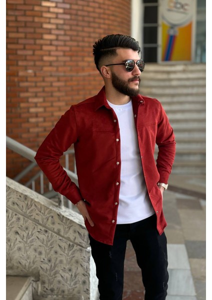 Slimfit Kesim Erkek Duz Desen Süet Gömlek-Bordo fırsatları