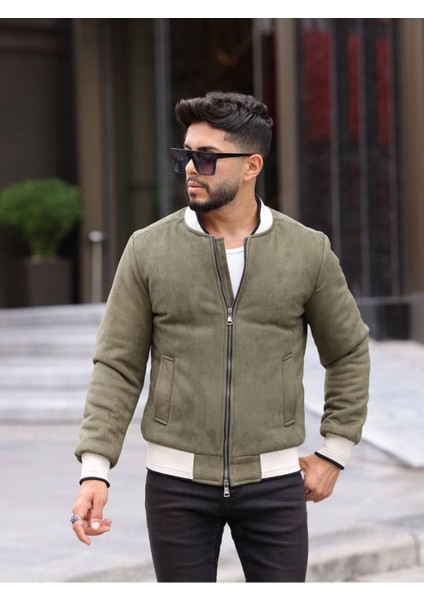 Slimfit Kesim Erkek Süet Hakim Yaka Ribanalı Mont-Haki