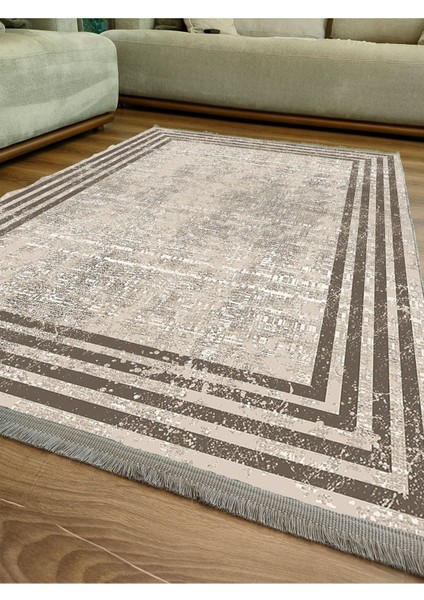 Mars Serisi Kahve Tonlarında Çizgili Etnik Desen Kaymaz Taban Şönil Halı