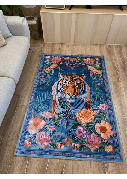 Floral Kaplan Temalı Çok Renkli Dokuma Taban Halı Salon Halısı Çocuk Halısı