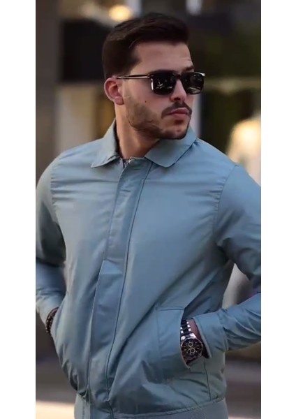 Slimfit Kesim Erkek Yakalı Fermuarlı Mevsimlik Mont-Su Yesili