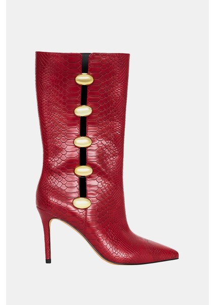 The Revival Ornamet Kadın Kırmızı Yılan Baskılı Topuklu Çizme