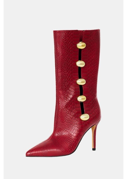The Revival Ornamet Kadın Kırmızı Yılan Baskılı Topuklu Çizme fiyatları