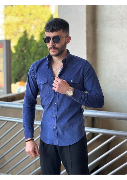 Slimfit Kesim Erkek Kadife Kumas Cift Cepli Gömlek-Saks