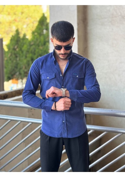 Slimfit Kesim Erkek Kadife Kumas Cift Cepli Gömlek-Saks modelleri