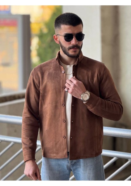 Slimfit Kesim Erkek Düz Desen Süet Gömlek-Kahve