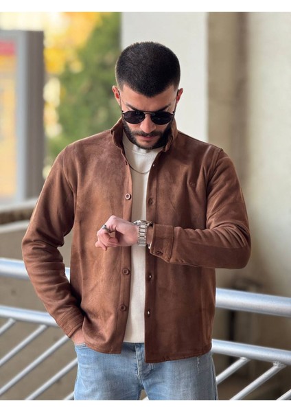 Slimfit Kesim Erkek Düz Desen Süet Gömlek-Kahve fiyatları