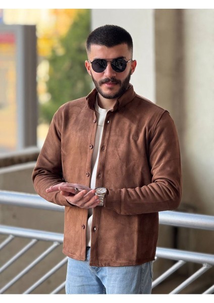 Slimfit Kesim Erkek Düz Desen Süet Gömlek-Kahve modelleri