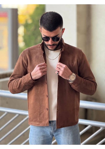 Slimfit Kesim Erkek Düz Desen Süet Gömlek-Kahve fırsatları