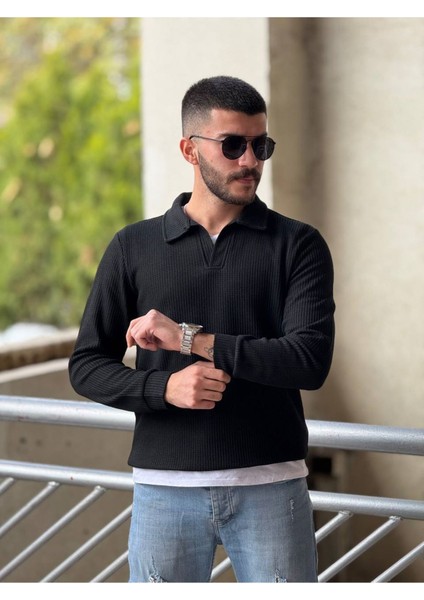 Slimfit Kesim Erkek Yakalı Düz Desen Örme Triko Kazak-Siyah
