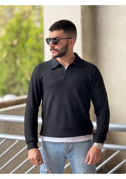 Slimfit Kesim Erkek Yakalı Düz Desen Örme Triko Kazak-Siyah fiyatları