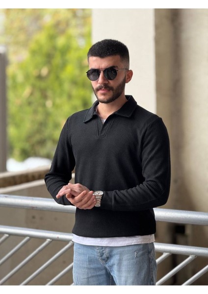 Slimfit Kesim Erkek Yakalı Düz Desen Örme Triko Kazak-Siyah modelleri