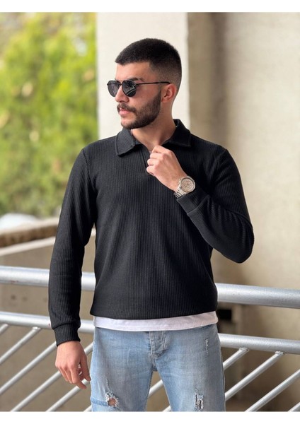 Slimfit Kesim Erkek Yakalı Düz Desen Örme Triko Kazak-Siyah fırsatları