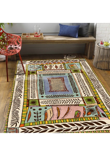 Floral Bej Tonlarında Pastel Botanik Tema Dokuma Taban Salon Halısı Çocuk Halısı Mars 255