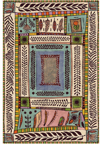 Floral Bej Tonlarında Pastel Botanik Tema Dokuma Taban Salon Halısı Çocuk Halısı Mars 255