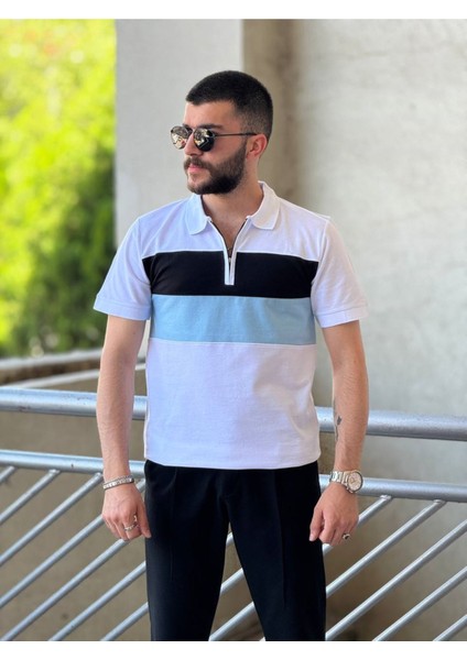 Slimfit Kesim Erkek Polo Yaka Fermuarlı Serit Desen Lacos Kumas Tshirt-Beyaz