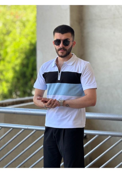 Slimfit Kesim Erkek Polo Yaka Fermuarlı Serit Desen Lacos Kumas Tshirt-Beyaz fiyatları