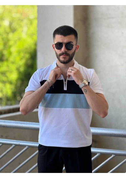 Slimfit Kesim Erkek Polo Yaka Fermuarlı Serit Desen Lacos Kumas Tshirt-Beyaz modelleri