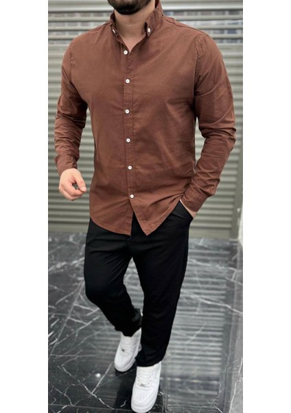 Slimfit Kesim Erkek Cotton Kumaş Tam Kalıp Duz Desen Gömlek-Kahve