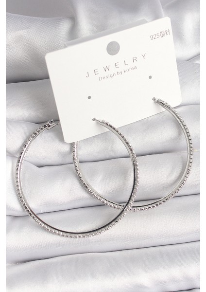 Pirinç Gümüş Renk Zirkon Taşlı Halka Model Kadın Küpe