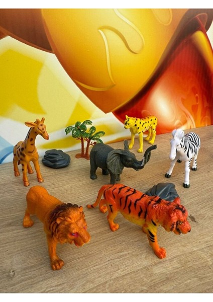 Vahşi Hayvanlar 6'lı Set Fil, Zürafa, Çita, Aslan, Zebra, Kaplan Oyuncak Hayvan 3 Adet Aksesuarlı