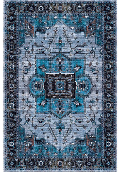 Mars 2251 Mavi Bordürlü Modern Yıkanabilen Dokuma Taban Dekoratif Halı