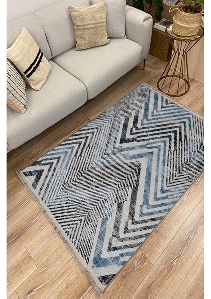 Mars 101 Mavi Zigzag Çizgili Dekoratif Halı Saçaklı Halı fiyatları