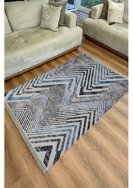 Mars 101 Mavi Zigzag Çizgili Dekoratif Halı Saçaklı Halı fırsatları