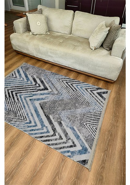 Mars 101 Mavi Zigzag Çizgili Dekoratif Halı Saçaklı Halı indirimleri