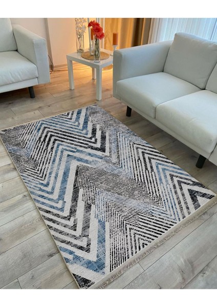 Mars 101 Mavi Zigzag Çizgili Dekoratif Halı Saçaklı Halı