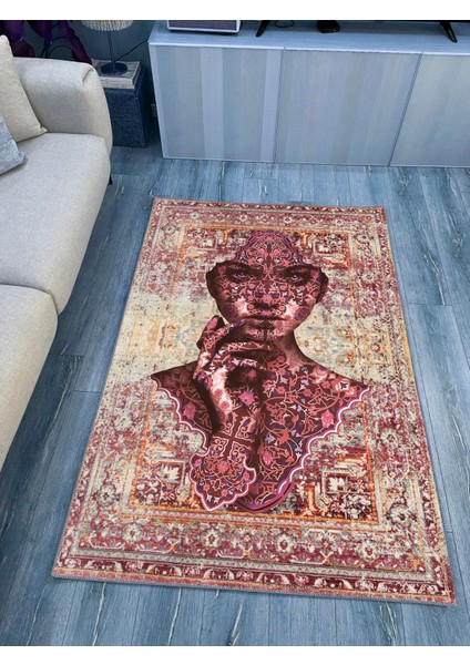 Kadın Silüeti Kiremit Tonunda Eskitme Desenli Vintage Yıkanabilen Dokuma Taban Salon Halısı Mars 125