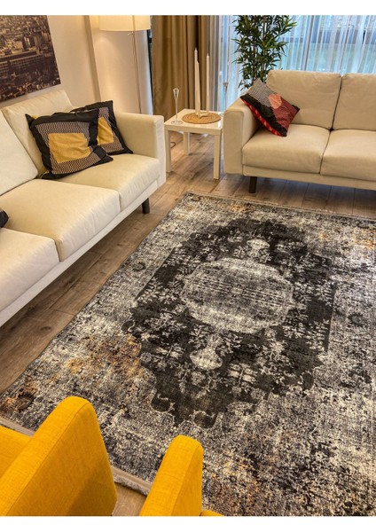Mars 2155 Gri Siyah Hardal Sarı Vintage Desenli Dokuma Taban Halı fırsatları