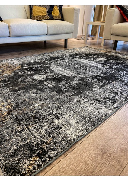 Mars 2155 Gri Siyah Hardal Sarı Vintage Desenli Dokuma Taban Halı
