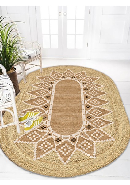 Boho 980 Jüt Hasır Etnik Desenli Oval Jüt Örme Doğal Hasır Natural Oval Halı