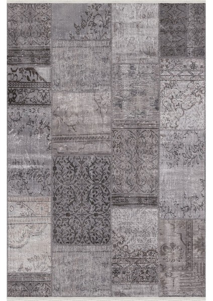 Mars Serisi Gri Tonlarında Patchwork Desen Kaymaz Taban Şönil Halı