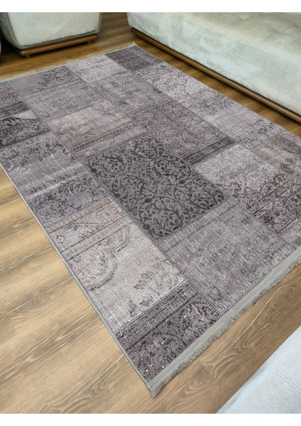Mars Serisi Gri Tonlarında Patchwork Desen Kaymaz Taban Şönil Halı modelleri