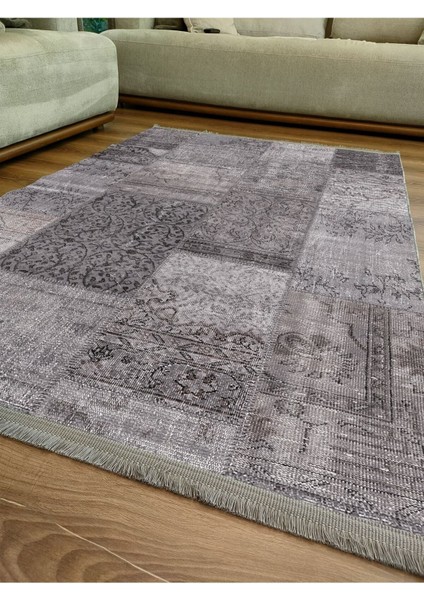 Mars Serisi Gri Tonlarında Patchwork Desen Kaymaz Taban Şönil Halı