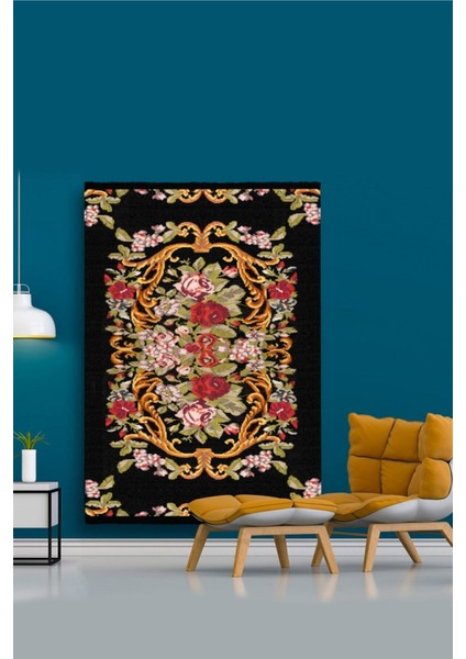 Mars 2005 Siyah Tonunda Çiçekli Desen Kaymaz Taban Dekoratif Halı