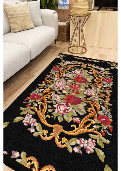 Mars 2005 Siyah Tonunda Çiçekli Desen Kaymaz Taban Dekoratif Halı fiyatları