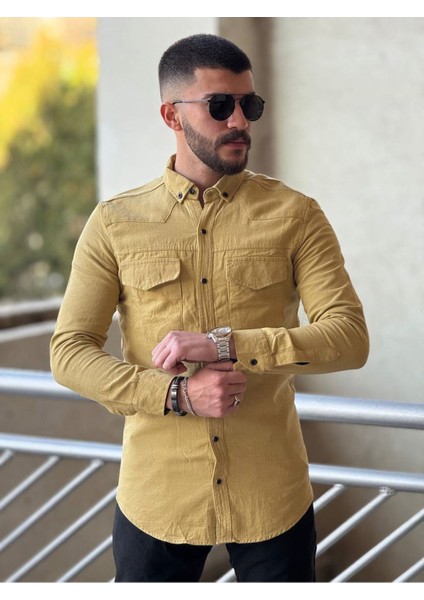 Slimfit Kesim Erkek Levi Model Cotton Cift Cepli Gömlek-Hardal