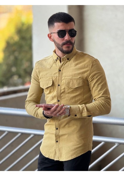 Slimfit Kesim Erkek Levi Model Cotton Cift Cepli Gömlek-Hardal fiyatları