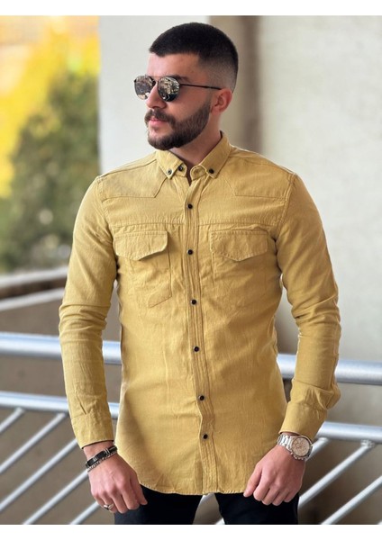Slimfit Kesim Erkek Levi Model Cotton Cift Cepli Gömlek-Hardal modelleri