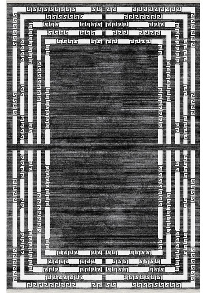 Mars Serisi Koyu Gri ve Krem Tonlarında Çizgili Etnik Desen Kaymaz Taban Şönil Halı