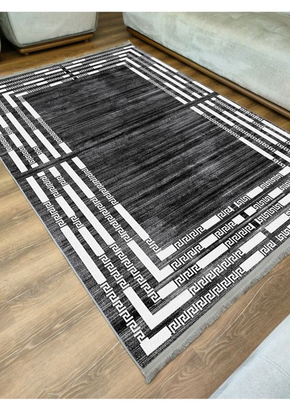 Mars Serisi Koyu Gri ve Krem Tonlarında Çizgili Etnik Desen Kaymaz Taban Şönil Halı modelleri