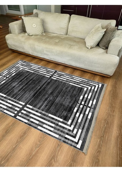 Mars Serisi Koyu Gri ve Krem Tonlarında Çizgili Etnik Desen Kaymaz Taban Şönil Halı indirimleri